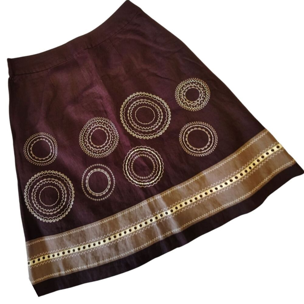 Talbots Vintage brown 100% Linen A-Line Knee Length Lined cotton Skirt Size 12